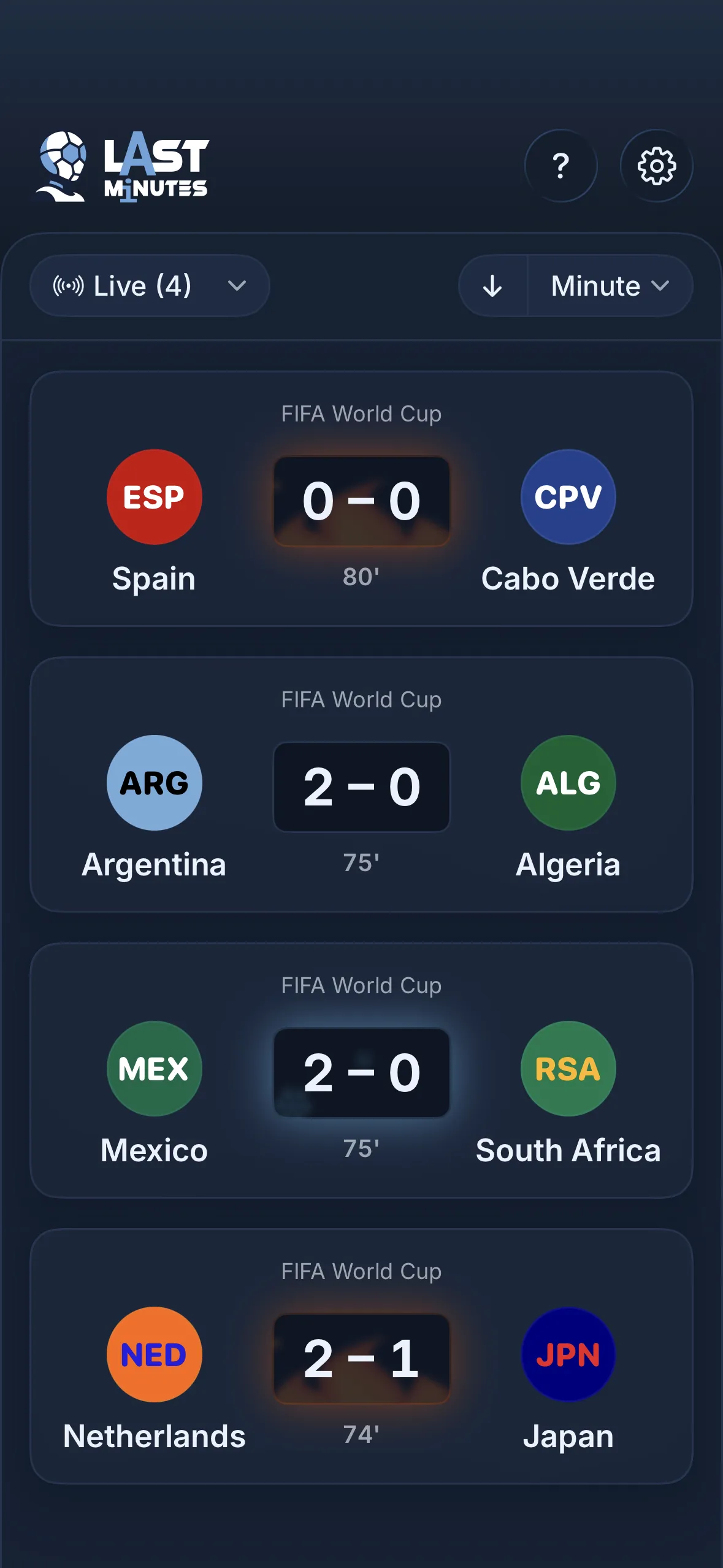 The LastMinutesAI Live screen showing four real World Cup calls: Spain 0–0 Cabo Verde at 80 minutes glowing scorching, Netherlands 2–1 Japan at 74 minutes glowing hot, Argentina 2–0 Algeria at 75 minutes neutral, and Mexico 2–0 South Africa at 75 minutes freezing.